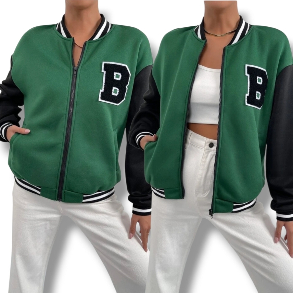 Like New💚🖤 Women's Green Combo Oversized Letter Baseball Fleece Varsity Jacket
